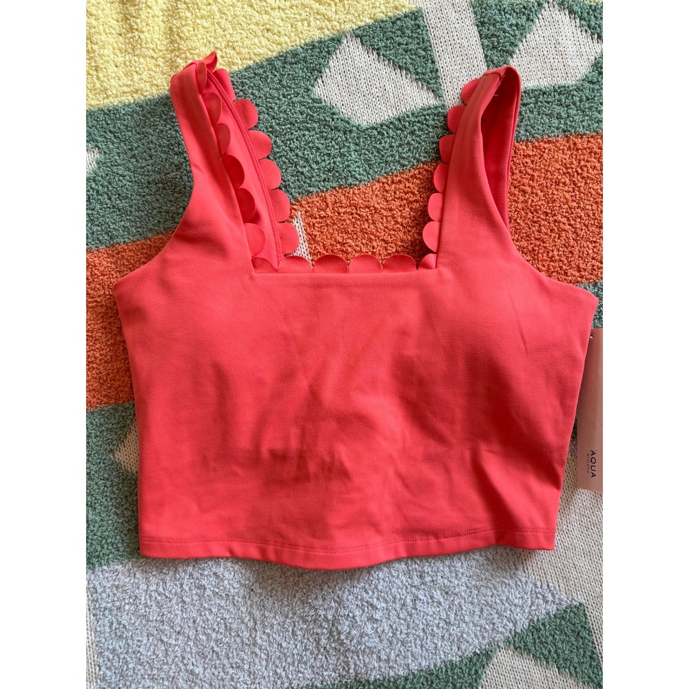 AQUA Athletic Women Scalloped Square Neck Crop Top Guava Size Small